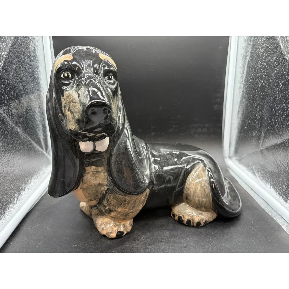 Vintage Ceramic Basset Hound Dog Figurine Signed Snoopy Black Tan Glossy 11.5in